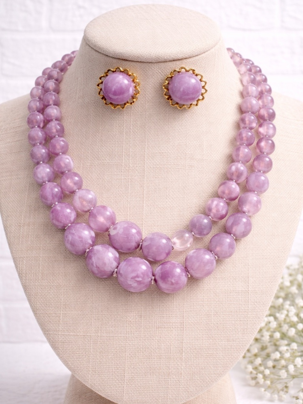 Vintage Lavender Lucite Beaded Necklace & Earring Set Double Strand Gold Tone